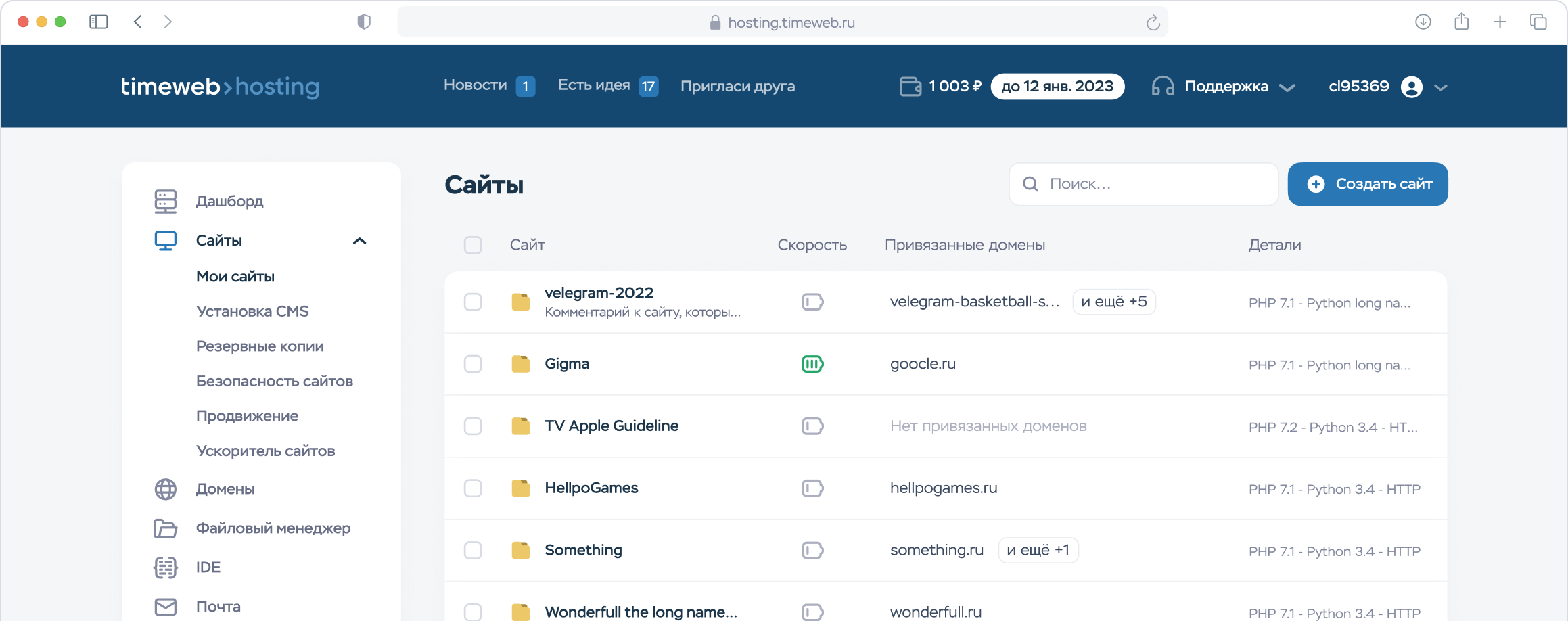 Панель управления Timeweb
